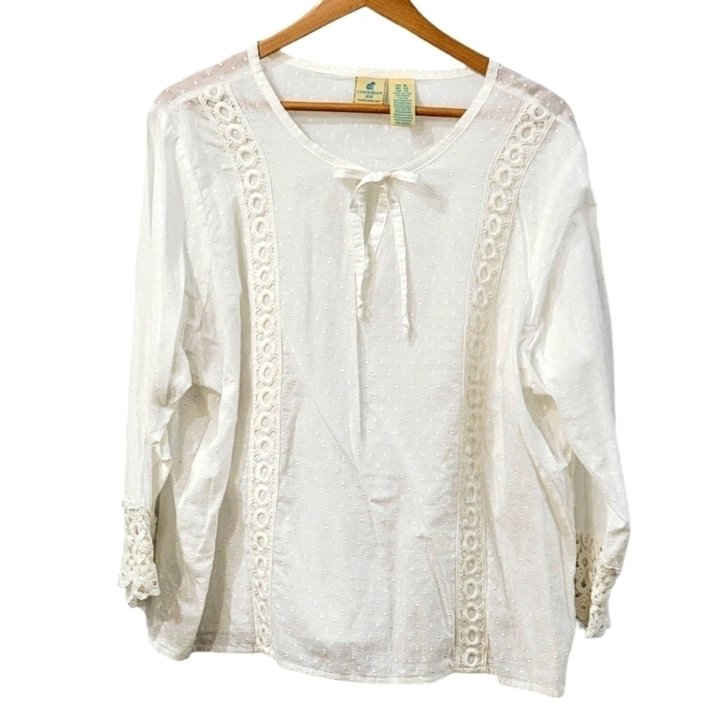 Vintage Caribbean Joe Cotton Lace Embroidery Tunic top Size XL